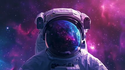 astronaut in space with stars, a galaxy, a purple and blue nebula, and galaxies reflected in his hel