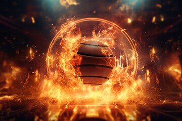 Canvas Print - 3D illustration of basketball ball in burning flames, bright flamy symbol on the black background Generative AI