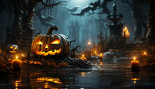 Spooky Halloween Night, Pumpkin Lantern Glows In Dark Forest Generated By AI