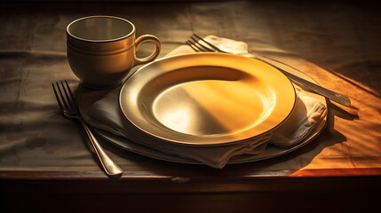 a dinner plate on a table near glasses, generative ai