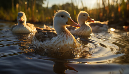 A cute duckling quacking in the pond, surrounded by nature generated by AI