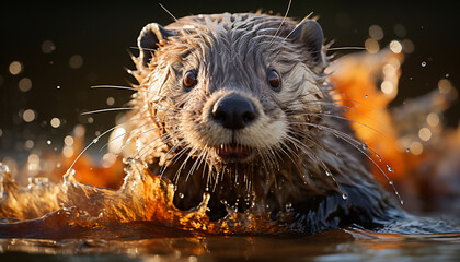 Canvas Print - Cute beaver playing in the snow near a frozen pond generated by AI