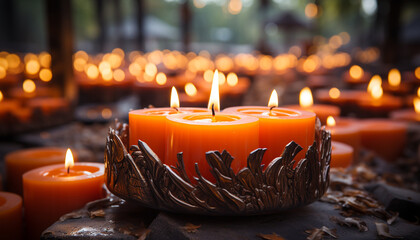 Poster - Glowing candle illuminates dark night, symbolizing spirituality and tranquility generated by AI