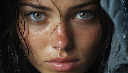 Poster - Young woman with brown hair looking at camera, raindrop on face generated by AI