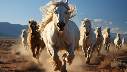 Wall Mural - Running horses graze in a meadow, showcasing nature beauty generated by AI