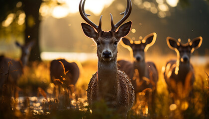 Sticker - Deer grazing in meadow, nature beauty captured at sunset generated by AI