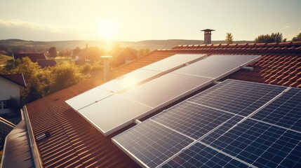 Wall Mural - Construction industry, aerial view. An electrician in a helmet is installing a solar panel system outdoors. Engineer builds solar panel station on house roof