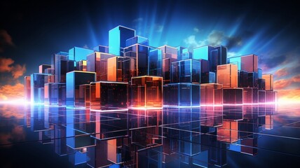 Wall Mural - Digital 3d render of a futuristic cityscape built from metallic cubes and rectangles, illuminated by neon lights under a night sky