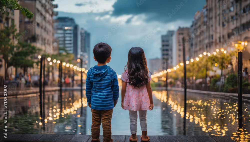 Desolate children gaze at a flooded city in dim light, conveying ...