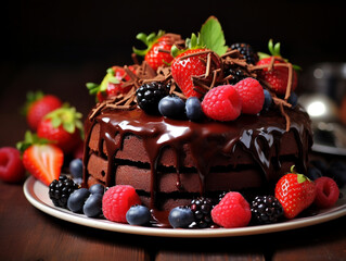 Sticker - Chocolate cake with fresh berries on a dark wooden background. Selective focus.