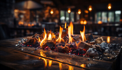 Canvas Print - Glowing ember warms wood, cooking food for comfortable barbecue generated by AI