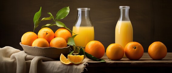 Canvas Print - A glass of Orange juice with a fresh orange garnish on the side. generative AI