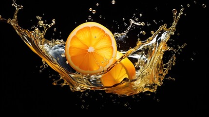 Canvas Print - Fresh orange slices in orange color in photo with clear water splash effect on black background. generative AI