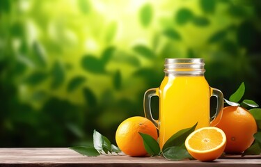 Wall Mural - A glass of orange juice with sweet orange garnish on the side and bokeh green leaves background. generative AI