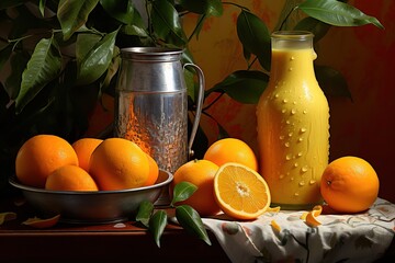 Wall Mural - A glass of Orange juice with a fresh orange garnish on the side. generative AI