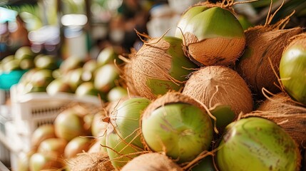 Wall Mural - coconuts on a wooden table