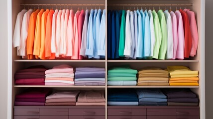 An orderly wardrobe concept with a white drawer containing perfectly aligned, folded garments in a rainbow of colors, highlighting space optimization