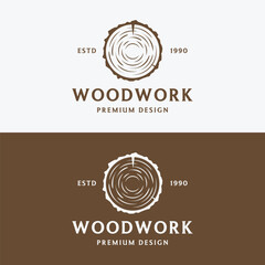 Wood and natural fiber logo template design, carpenter and wooden plank with saw craftsman tools.
