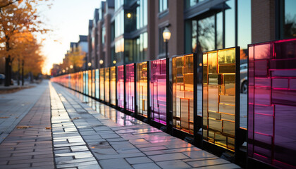 Poster - Night cityscape  illuminated skyscrapers reflect on glass windows generated by AI