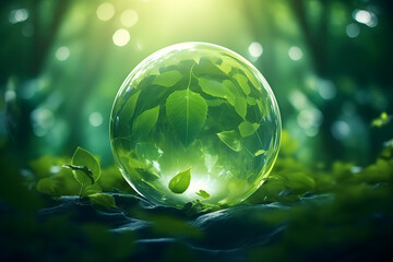Earth Day concept, environmental green sphere background with leaves and leafy branches, World Environment Day, Environmental Conservation Concept, Glass Globe