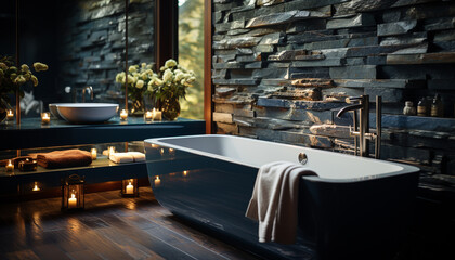 Sticker - Luxury modern bathroom with clean, elegant design and comfortable bathtub generated by AI