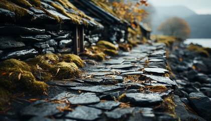 Poster - Tranquil autumn forest yellow leaves, wet wood, falling snow generated by AI