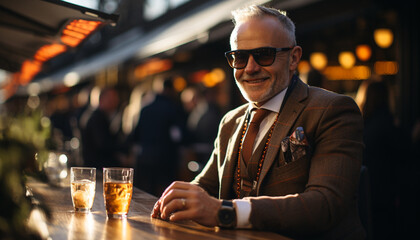 Canvas Print - Smiling businessman enjoying a drink at outdoor bar generated by AI