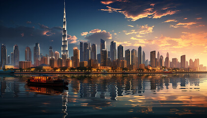 Poster - Skyscrapers illuminate city skyline at dusk reflecting on water generated by AI