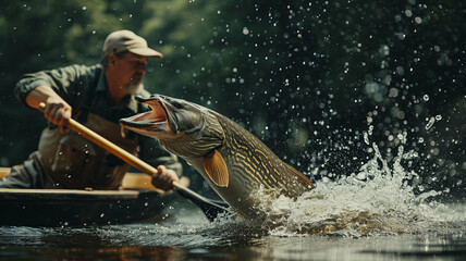 A Caucasian angler, landing a giant pike fish on a boat, the fish fighting hard