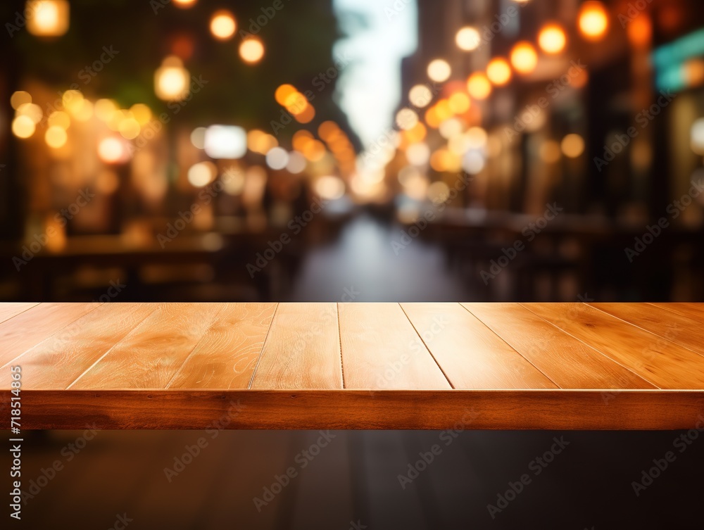 Empty wood table top and blurred restaurant interior background - can ...