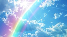 A Colorful Rainbow Is Shining Brilliantly In The Blue Sky