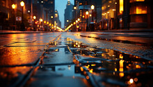 Glowing City Streets Reflect On Wet Asphalt Generated By AI