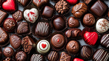 Assortment of fine chocolate candies, white, dark, and milk chocolate Sweets bonbon background. Copy space. Top view.