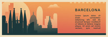 Barcelona City Brutalism Vector Banner With Skyline, Cityscape. Spain Big Town Retro Horizontal Illustration, Travel Layout For Web Presentation, Header, Footer