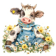 Wall Mural - cow with flowers illustration watercolor