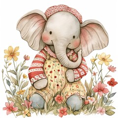 Canvas Print - Elephant with flowers illustration watercolor