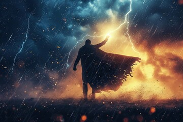 Wall Mural - Fantasy Superhero Silhouette at rain with thunder