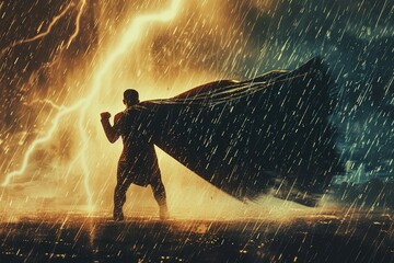 Wall Mural - Fantasy Superhero Silhouette at rain with thunder