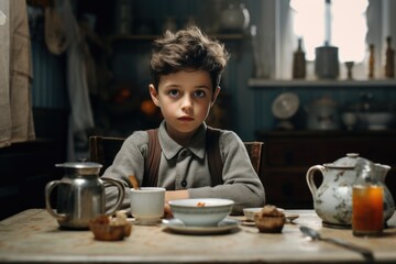 Young Boy with Sad Expression Eating Breakfast