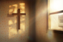 Wood Cross On Wall In Old House, Sun Light Through Window, Sunset Background, Vintage Camera Film Effect, Grunge Texture, Soft Blur, Nostalgia Memory Concept