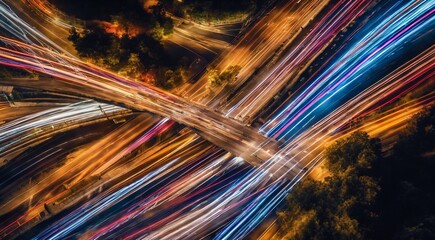 Colorful car light trails, long exposure photo at night, fantastic night scene, top view, a long exposure photo at the night