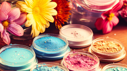 Canvas Print - Colorful Powder Set, Cosmetic Beauty and Fashion Concept, Bright and Vivid Colors in Jars for Makeup and Skincare