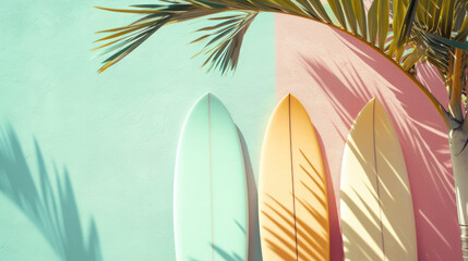 Sticker - Surfboard on tropical beach background. Vintage tone color style. Generative ai