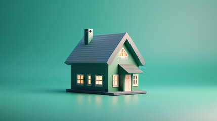 Green color house isolated on green background.