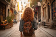 © Kuo - A rear view of a teenage girl with a backpack wandering through a vibrant street with unique and eclectic elements, creating a sense of exotic exploration and adventure.