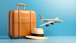 luggage planes placed on blue background for advertising media. Tourism and travel transport concept design.