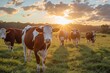 © kardaska - Cows grazing at sunset on a farm.
