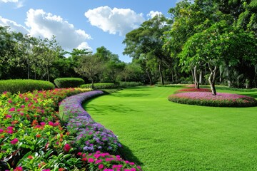  Multi-colored flower bed in the park. Outdoor summer gardening.