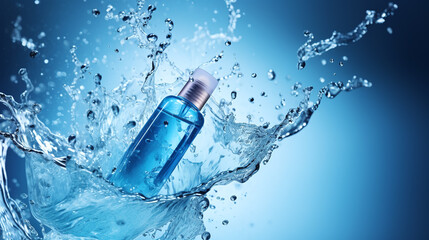 Cosmetic bottle and water splash on blue background.