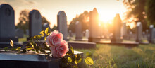 Tender Pink Roses On Cemetery Headstone At Sunrise, Eternal Memory And Grieving Concept